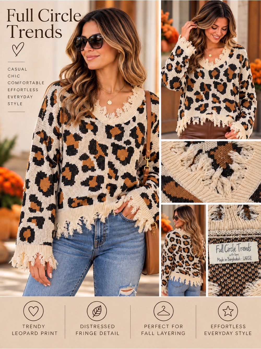Full Circle Trends Leopard Fringe Sweater Women’s L Distressed V Neck Boho